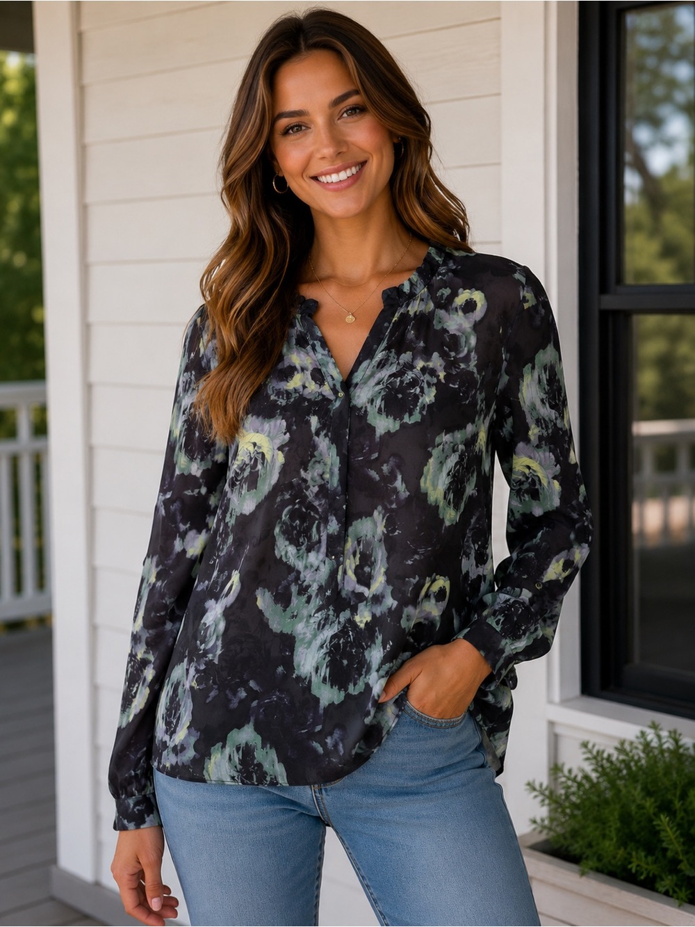 Simply Vera Vera Wang Watercolor Floral Ruffle Neck Blouse - XS
